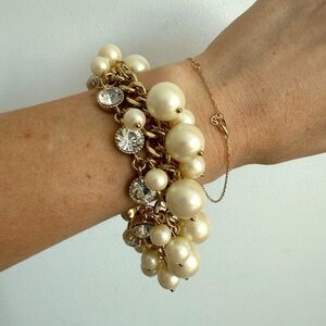 Y2K Betsey Johnson Gold, Faux Pearl & Crystal Charm Bracelet